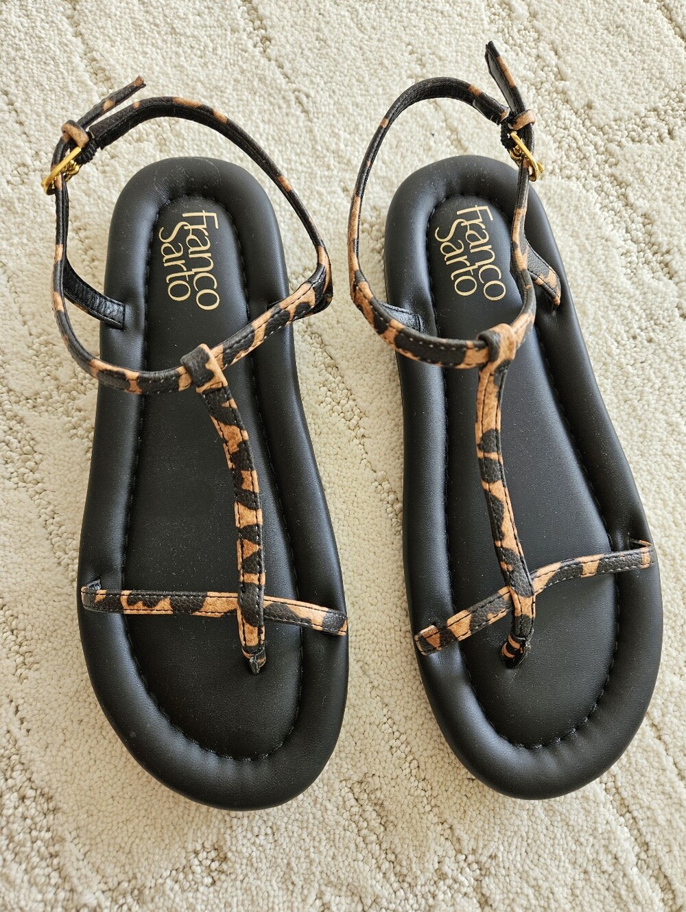 Franco Sarto Black T-Strap Sandals with Leopard-Pattern Straps, Size 6.5
